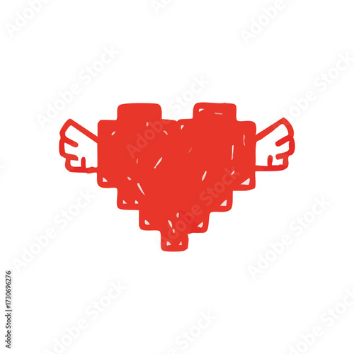 Pixel Heart with Wings Illustration. This blocky crimson emblem features tiny feathered elements, symbolizing airborne affection and lightheartedness. Its digital style evokes retro game nostalgia..