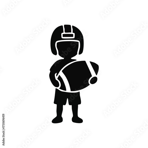 Youth Football Player Icon. Stylized silhouette of a young athlete wearing a protective headgear and clutching an oval ball. Symbolizes ambition, passion for sport, and childhood play.