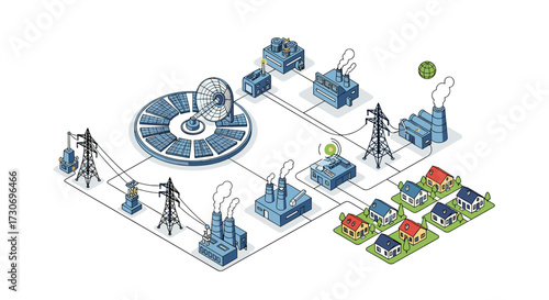 Visual representation of a renewable energy grid powering a residential community and industrial facilities.