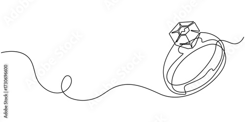 Continuous line drawing, Wedding rings, Black isolated on white background, Hand drawn vector illustration, Wedding ring line art style vector illustration, Wedding rings continuous one line drawing. 