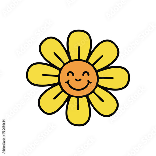 Cheerful Retro Flower Face. This bright cartoon bloom features a friendly countenance. It conveys happiness, sunshine, and a nostalgic, carefree spirit. Ideal for uplifting visual content.