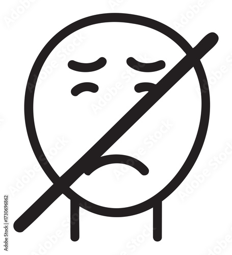 Black and white sad face icon with crossed-line emphasizing prohibition - stock vector