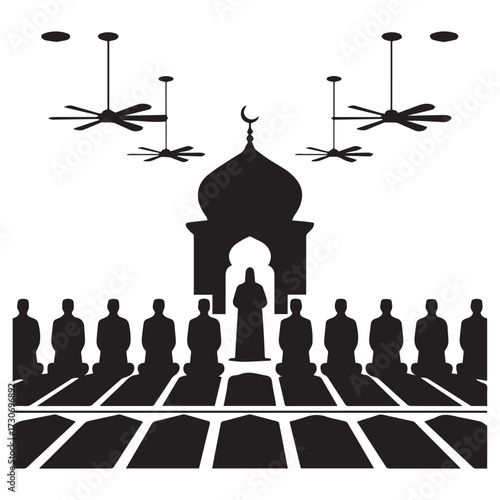 Silhouette of muslim men praying in unison on prayer mats facing a mosque dome with an imam leading the prayer