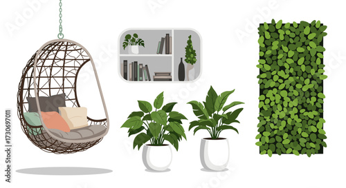 A cozy corner with hanging chair potted plants and a vertical garden makes a stylish addition to your home decor.