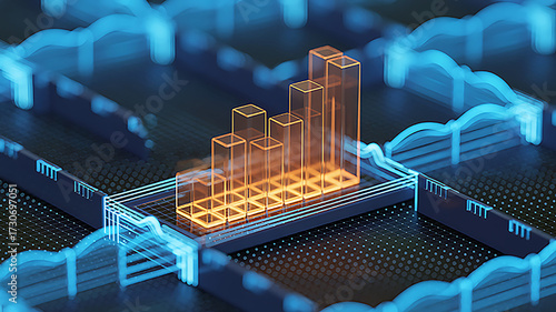 Glowing orange bar graph on digital circuit board with blue data streams abstract analytics