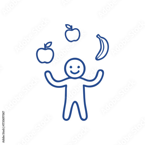 Happy Juggler with Healthy Fruits. A joyful individual balancing diverse nutritious items. This visual suggests optimal diet, wellness, and various wholesome food alternatives.