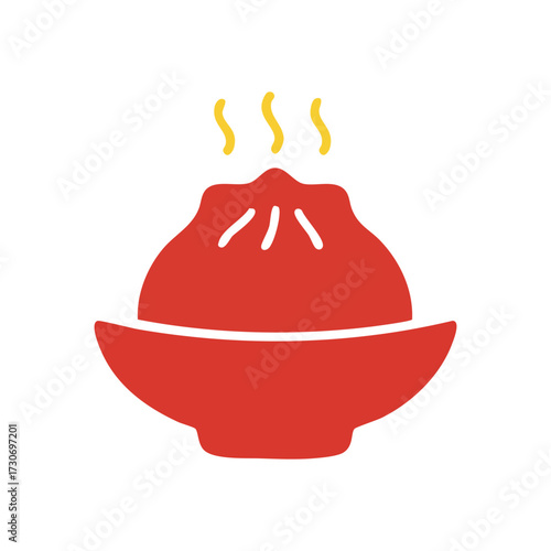 Steaming Asian Dumpling Icon. This vibrant graphic depicts a piping hot traditional oriental delicacy, symbolizing comfort and delightful culinary experiences.