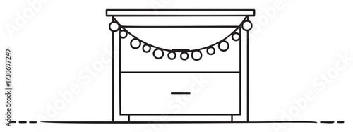 Minimalist wooden table with string lights decor - stock vector