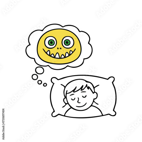 Peaceful Slumber Monster Dream. A serene individual experiences a vibrant, imaginative vision. It depicts the playful duality of nocturnal thoughts and the subconscious mind.