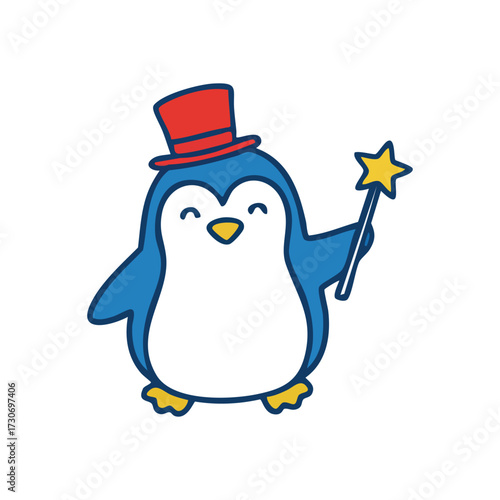 Cute Penguin Magician with Star Wand. An adorable arctic bird illustration, wearing a distinguished red headwear and holding a shimmering enchantment stick. This whimsical character radiates joy,.