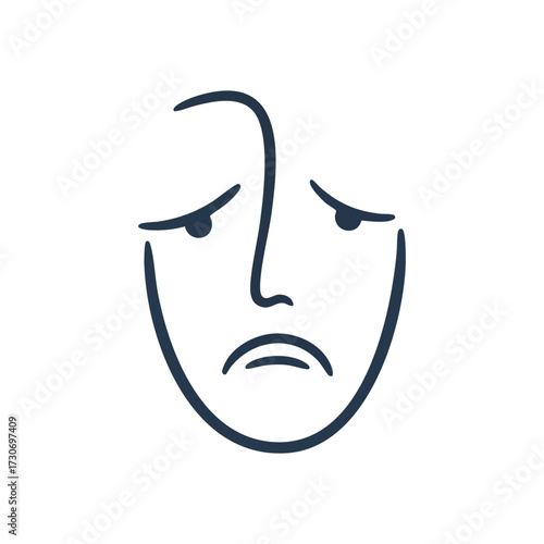Abstract Unhappy Face Drawing. A simple line art illustration depicting a sorrowful human expression. It represents emotional pain, despair, and vulnerability, ideal for conveying empathy.