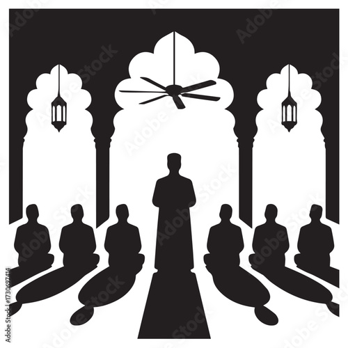 Silhouette of muslim worshippers praying in a mosque with an imam leading the prayer in a traditional islamic architectural setting