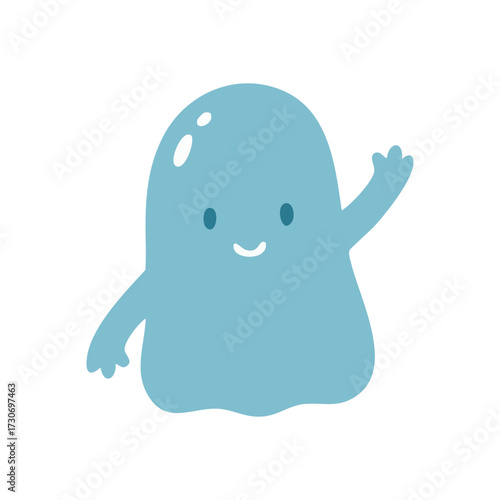 Friendly Blue Ghost Character Waving. This adorable graphic depicts a genial phantom in a pale azure hue, extending a welcoming hand. It symbolizes warmth and friendliness for various cheerful.