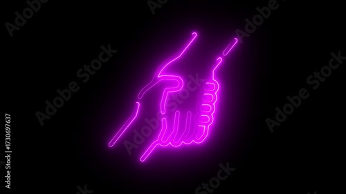 Glowing neon Two hands support Line art. Isolated on black background with purple color 4k video