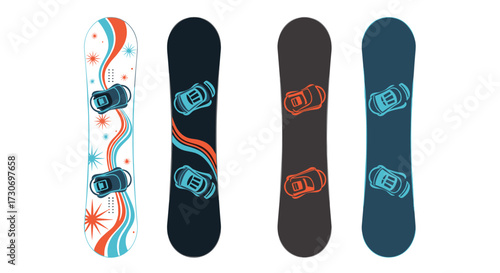 A collection of four different snowboards with unique designs and bindings for winter sports.