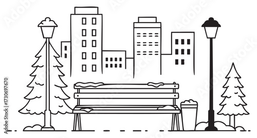 Urban winter scene with snow-covered bench, trees, and tall buildings - stock vector