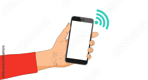 A hand holding a smartphone with a wifi signal emanating from the screen of the mobile device.