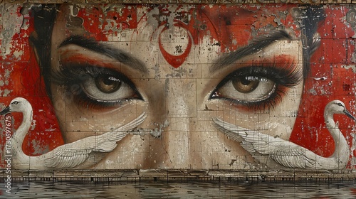 Intricate Mural of a Woman's Eyes Surrounded by Swans on Urban Wall in Vibrant Red and White Colors