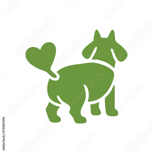 Green Dog with Heart Tail Symbol. A loving olive animal graphic with a unique shaped appendage, signifying deep devotion and connection. Ideal for pet welfare.