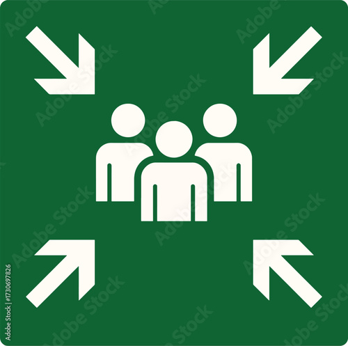 Fire assembly point sign symbol people arrows safety evacuation emergency meeting gathering isolated on white background