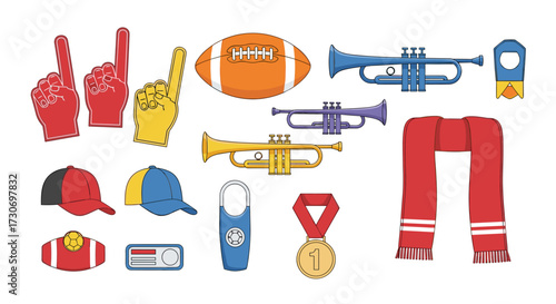A collection of sports fan accessories and game day essentials. Includes foam fingers noisemakers hats scarves and medals for cheering.