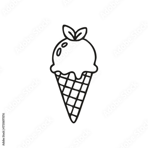 Cute Ice Cream Cone Doodle Icon. Charming hand-drawn ice cream dessert in a crisp waffle cone, adorned with a delicate garnish. A delightful graphic symbolizing simple pleasures and refreshing.