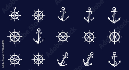 Nautical symbols of anchors and ship steering wheels on a dark blue background.
