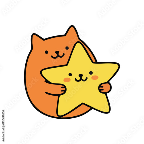 Cute Cat Hugging Yellow Star. An adorable furball tenderly embraces a bright celestial body, symbolizing true affection, happiness, and companionship.