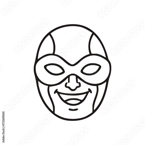 Smiling Masked Hero Face. An outline of a joyous character in a facial covering. This drawing conveys happiness, enigma, and a sense of playful heroism.