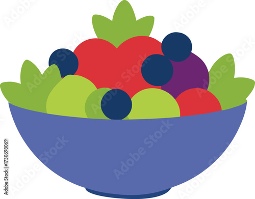A colorful bowl filled with fresh fruit salad, including berries, apples, and grapes, isolated on white background