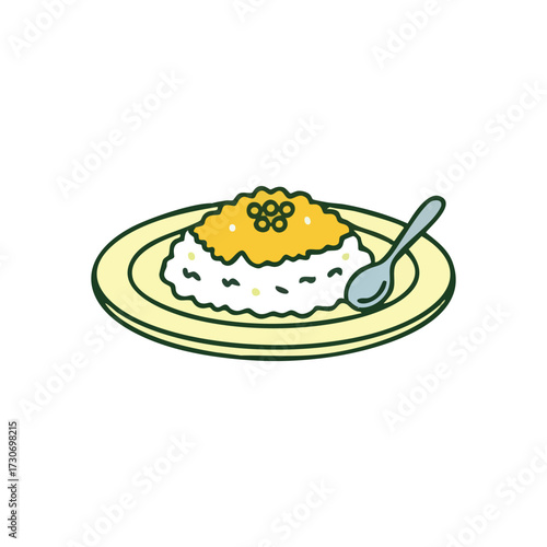 Warm Plate Yellow Topping Meal. This delightful illustration portrays a fluffy white grain mound crowned by a vibrant creamy sauce, served on a round dish beside a spoon. Evokes comforting,.