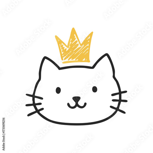 Charming Royal Cat Head Sketch. A delightful feline with a golden coronet, representing pampered pets and playful charm. Ideal for kids graphics or cute decor.