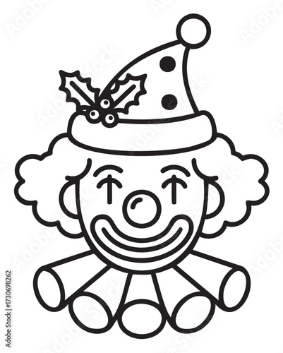 Festive clown with christmas hat outline - holiday coloring page - stock vector