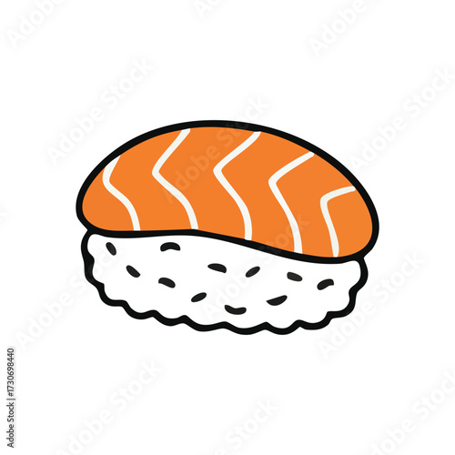 Salmon Nigiri Sushi Cartoon Icon. This vibrant drawing captures a delectable traditional Japanese rice and fish dish. It symbolizes healthy eating and culinary joy.