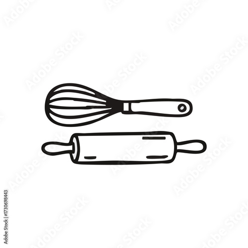 Baking Utensils Whisk Rolling Pin. Illustrative doodle depicting essential culinary instruments. Perfect for projects celebrating delicious homemade treats and kitchen creativity. Symbolizes warmth.