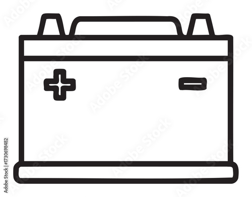 Black and white car battery icon with plus and minus symbols - stock vector