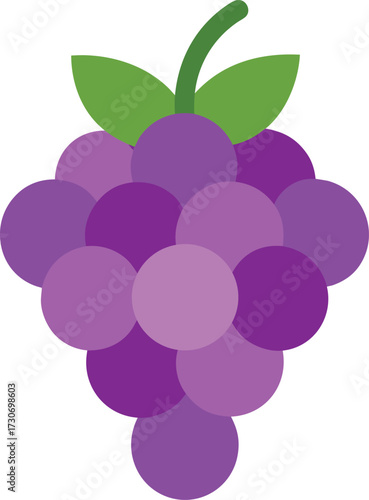 A bunch of purple grapes with green leaves and stem, isolated on white background