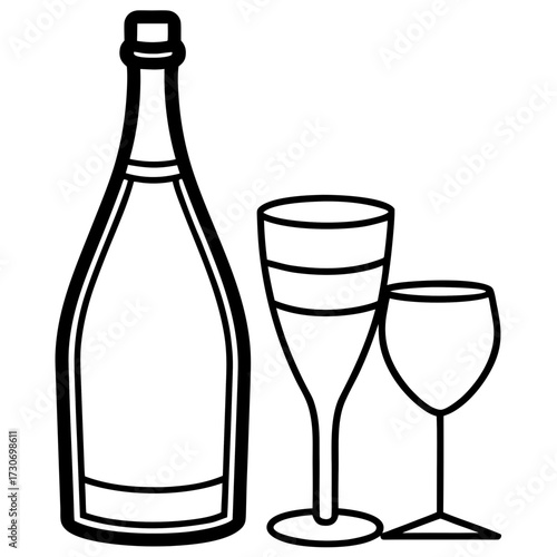 A vintage silhouette illustration of a cocktail verre à vin at a bistro bar table for a célébration fête with champagne and bière boisson