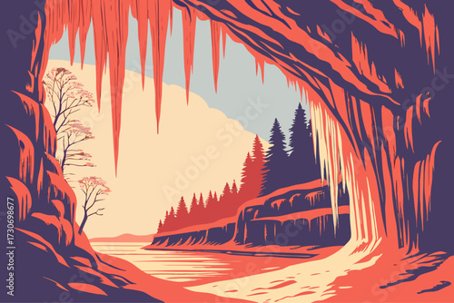 Ice Caves in Apostle Islands, Wisconsin, frozen icicles glowing red in winter sunrise