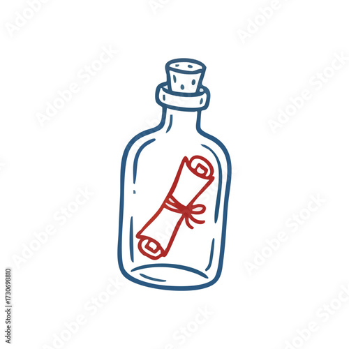 Message in Bottle Doodle. This whimsical drawing captures a rolled note secured in a glass flask, corked and sealed. It symbolizes distant communication, hope, discovery, or an ancient secret.