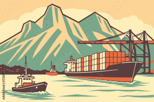 Honolulu Harbor in Oahu, Hawaii, cargo ships and fishing boats with volcanic mountains behind