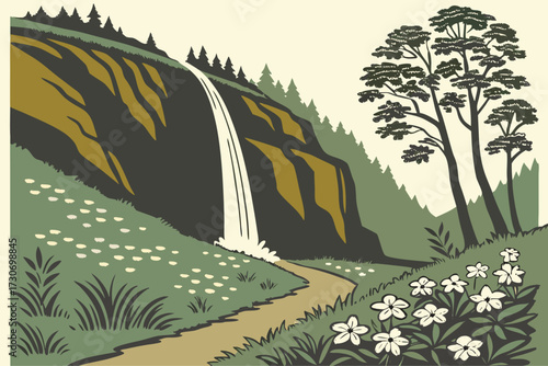 Horsetail Falls in Columbia River Gorge, Oregon, narrow silver ribbon falling down basalt cliffs in spring bloom