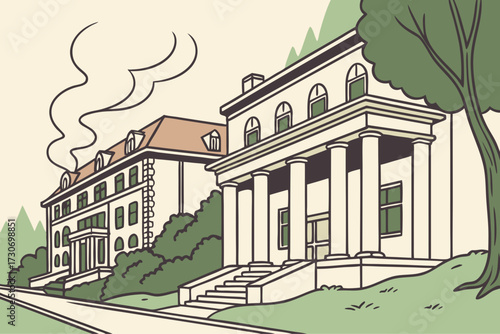 Hot Springs Historic District in Arkansas, bathhouse row with neoclassical facades and steamy thermal springs