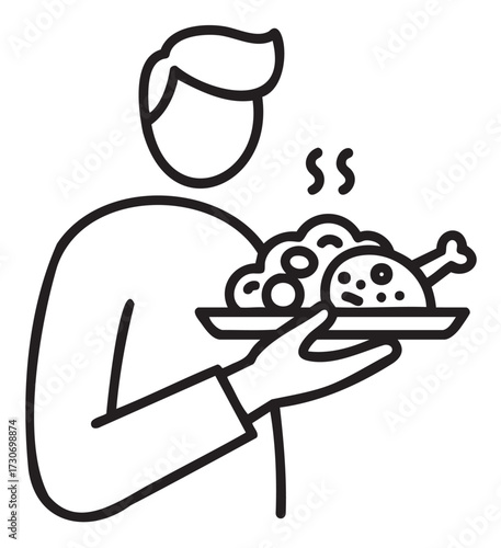 Line drawing of person holding a plate of food with chicken leg and vegetables - stock vector