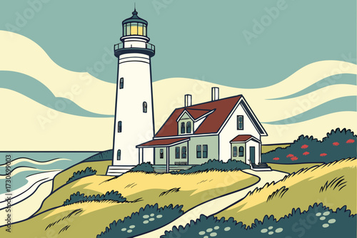 Highland Light in Truro, Massachusetts, white lighthouse on grassy Cape Cod cliffs overlooking Atlantic waves