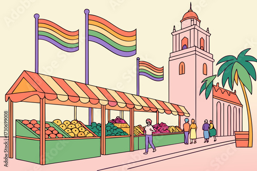 Hillcrest Farmers Market in San Diego, California, bustling stalls with rainbow flags and global foods