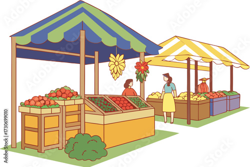 Hilo Farmers Market in Hawaii, colorful stalls with orchids, fruits, and Hawaiian crafts under tarps