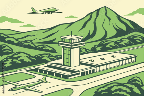 Hilo International Airport in Hawaii, lush green surroundings with volcano slopes visible beyond runways