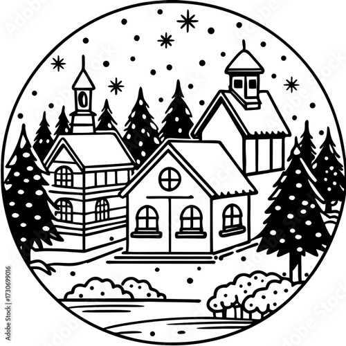 Nuit de Noël en ville avec un village enneigé et des bâtiments d'architecture vintage sur une carte d'illustration urbaine d'hiver