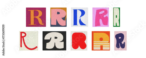 Typography letter R set in diverse styles, cutouts on transparent PNG
